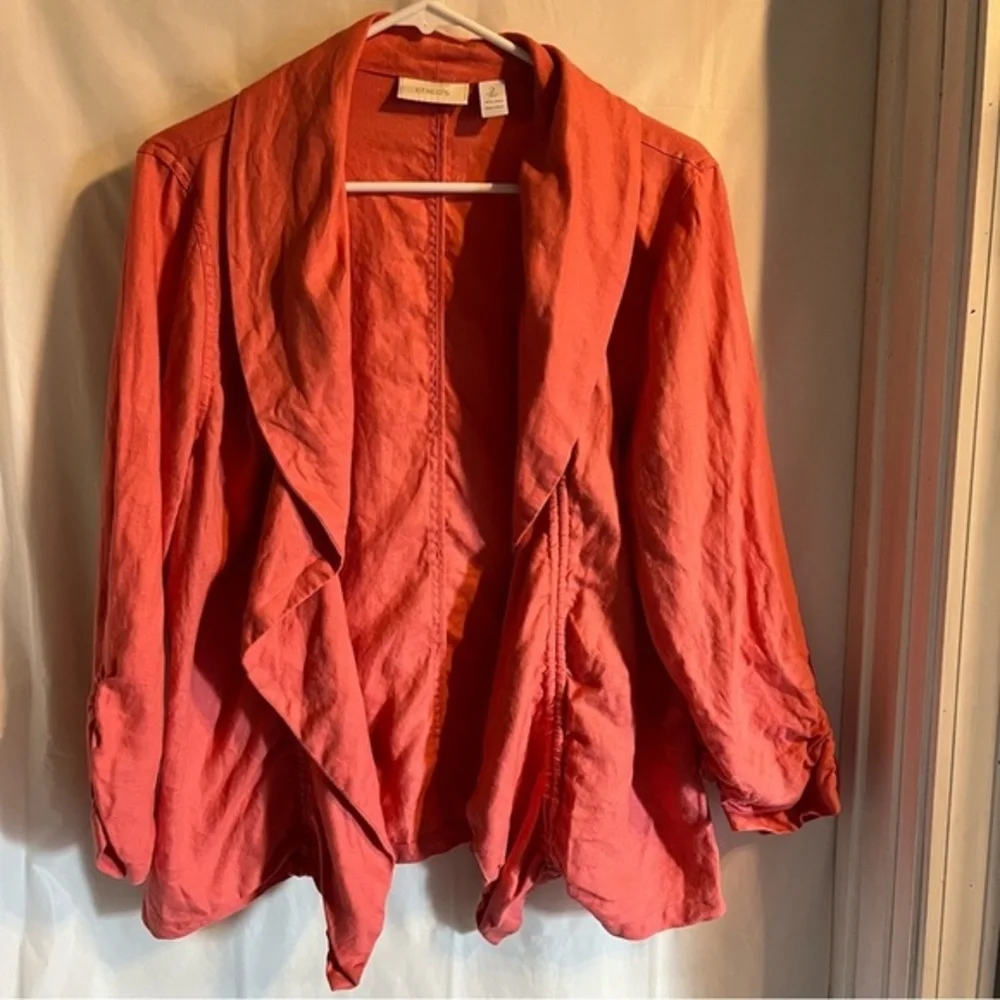 Chicos 100% Linen Ruched‎ Coral Pink Open Cardigan Size Large Casual Lightweight